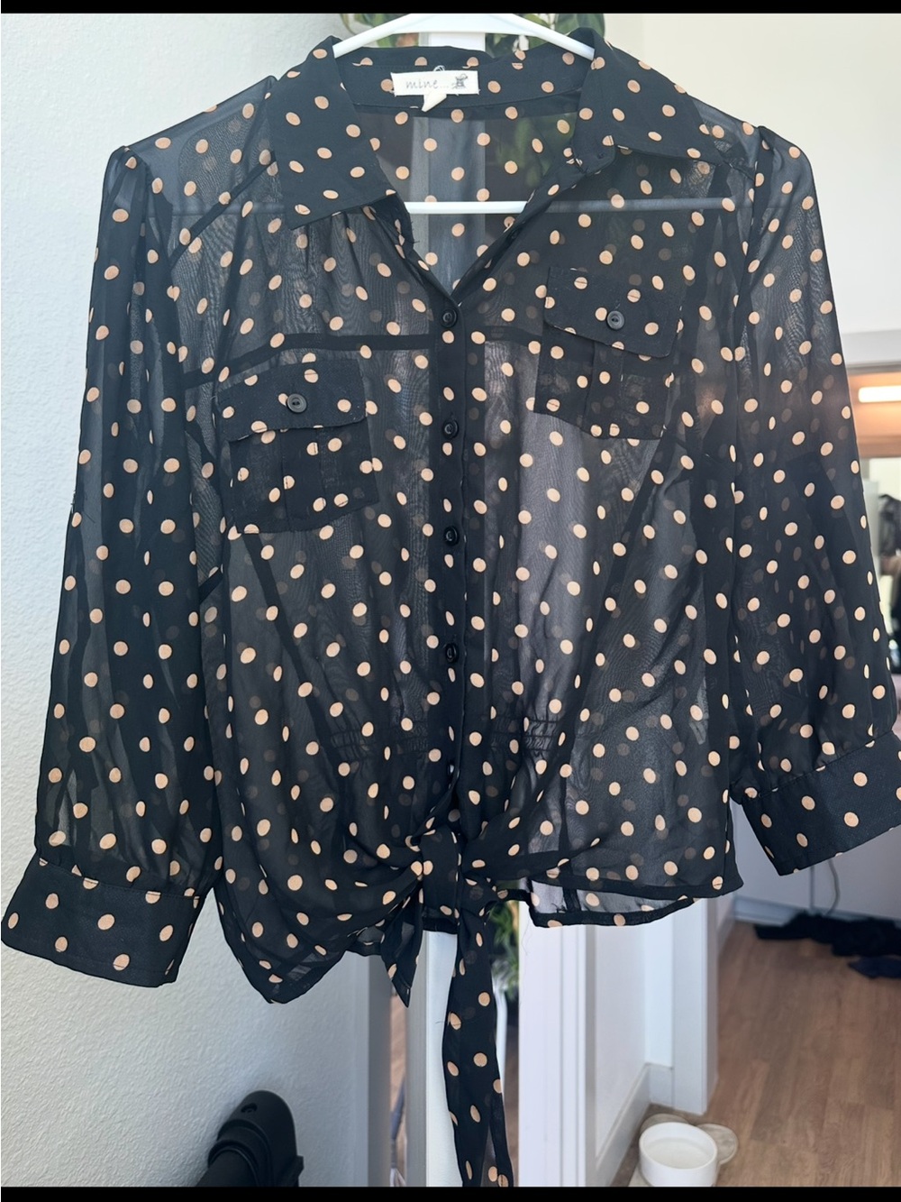 MINKPINK Black Sheer Polka Dot Tie-Front Blouse with Blush Spots